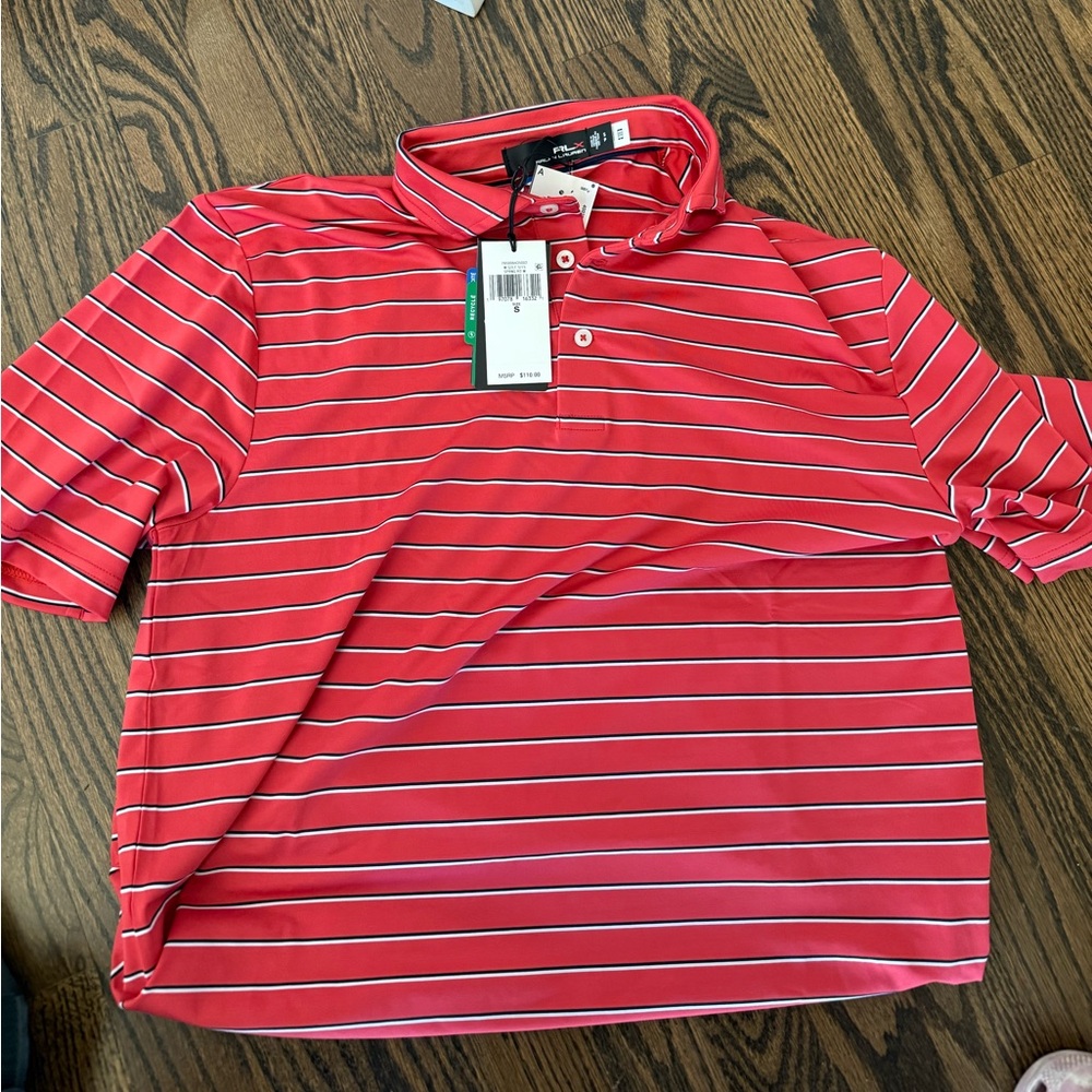 RLX Polo Ralph Lauren Red Blue White Striped Short Sleeve Wicking Shirt $110 NWT
